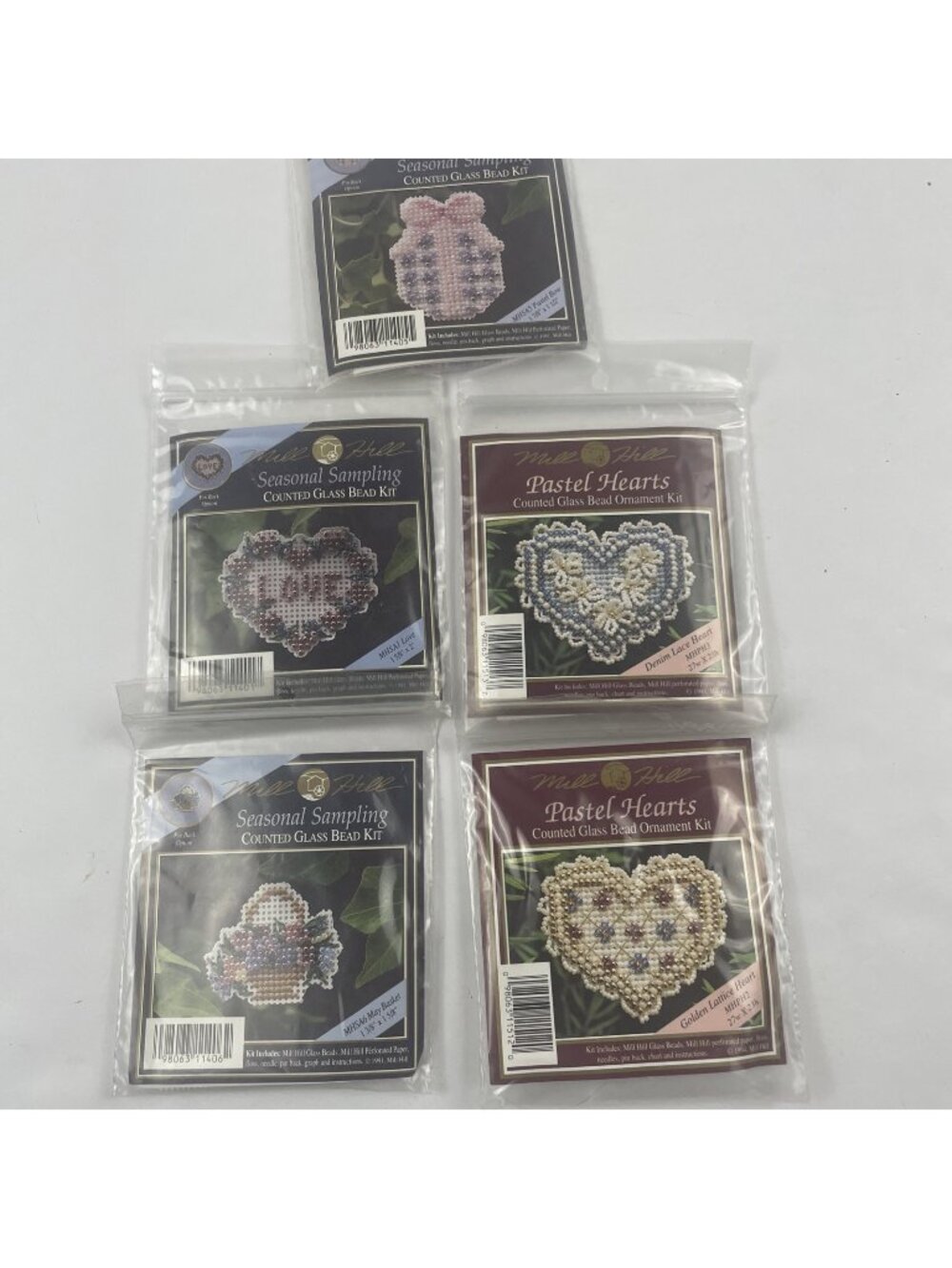 Mill Hill Counted Glass Bead Kits  Hearts, Seasonal Ornament Brooch  Lot Of 5